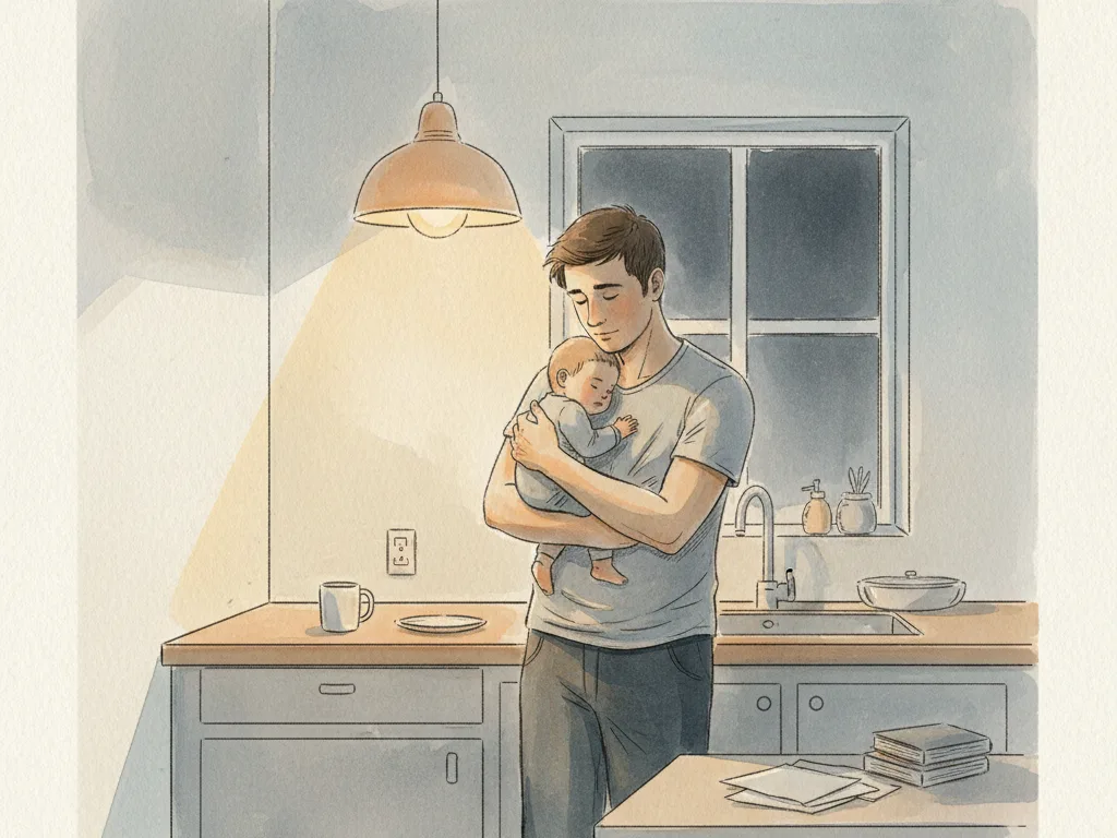 A father stands in a dim kitchen before dawn holding a sleeping infant, lit by a single lamp, a neglected stack of books at the edge of the table.