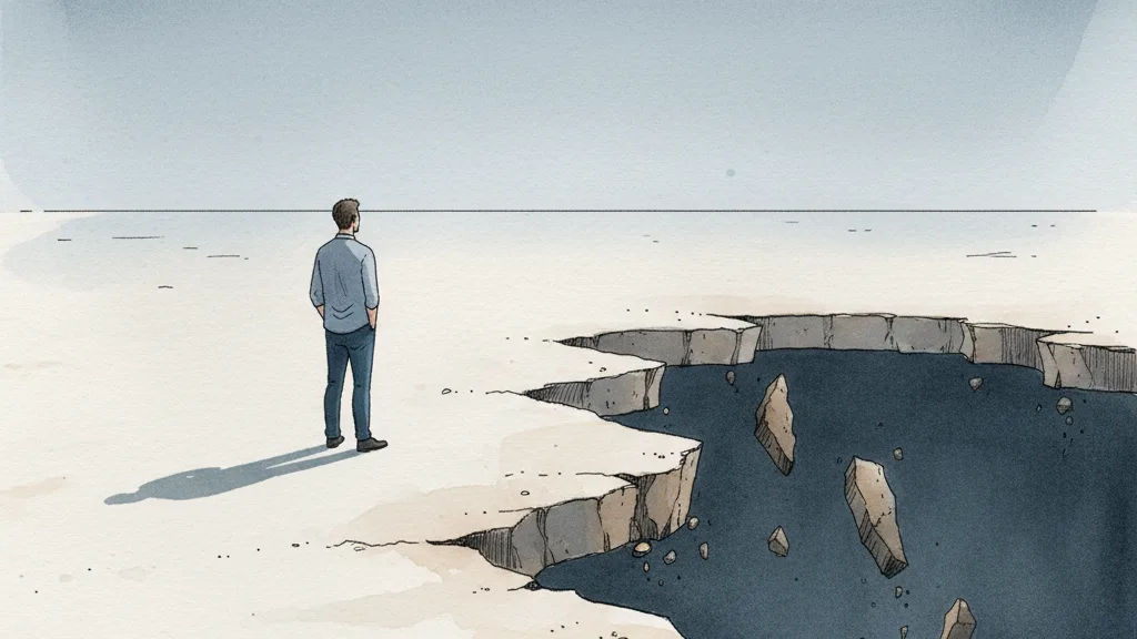 A man stands calmly on a broad pale plain. To his right the ground simply breaks off, and the cross-section shows it was only a thin crust with nothing underneath.