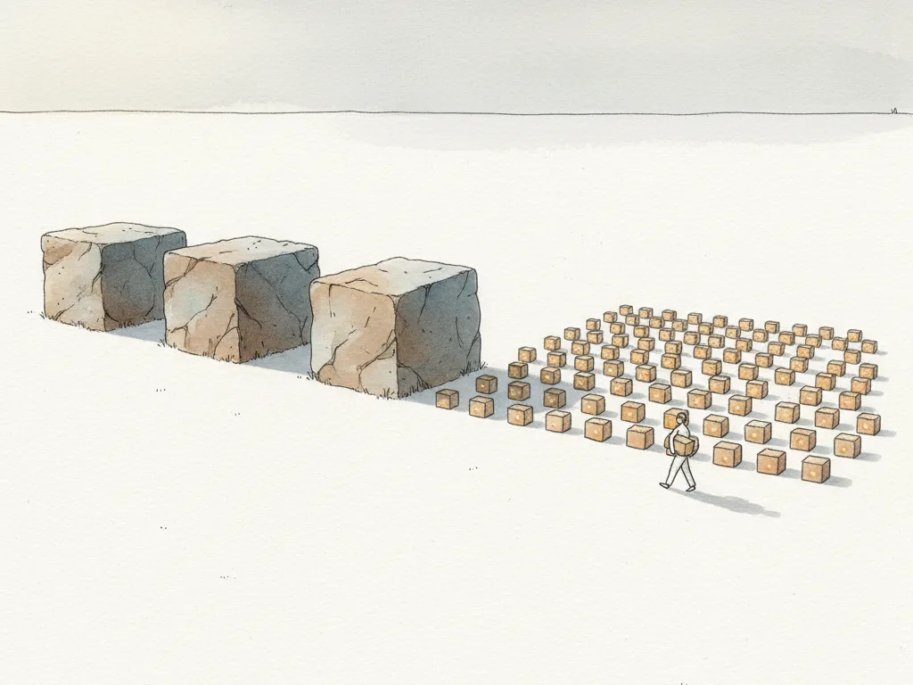 Three stone blocks too heavy to lift break down into many small pieces, gathered and aligned, with a figure easily carrying one.