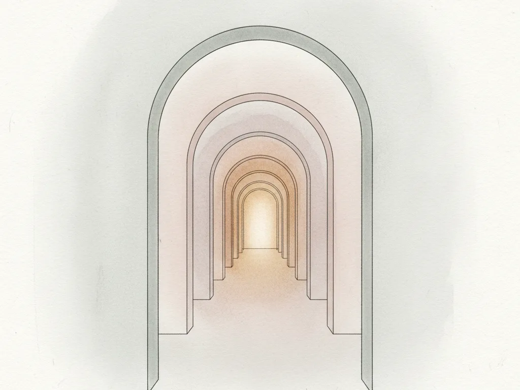 Plain open doorways receding one behind another, the light growing warmer the deeper you look, the final room never visible.