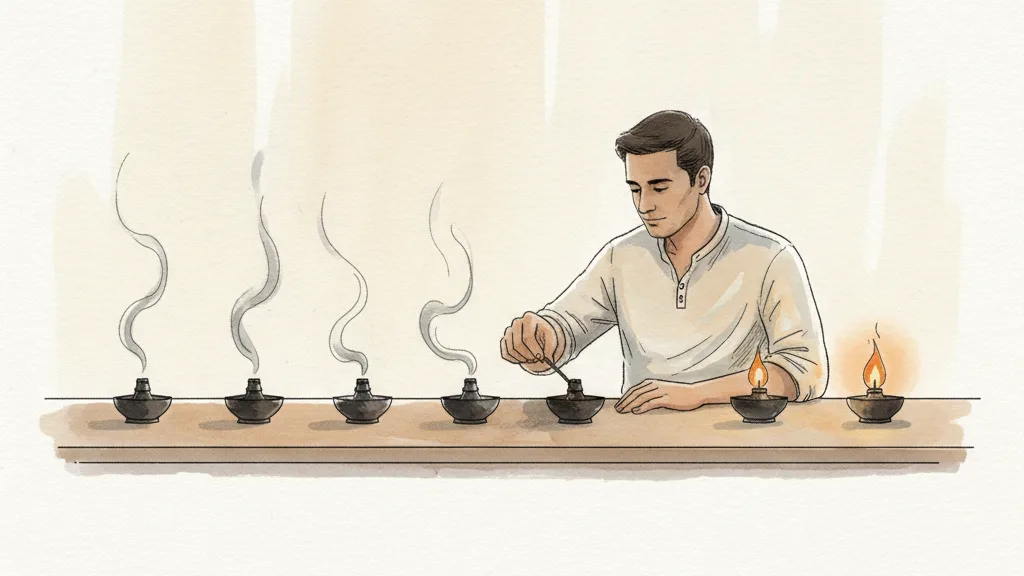 A man at a long table calmly pinches out one lamp after another. Most sit dark and smoking; two still burn.